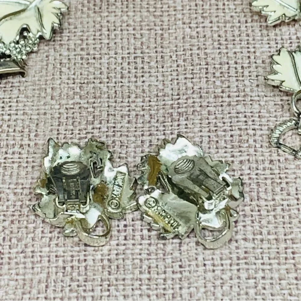 VTG Sarah Coventry White Enamel Silver Leaf Bracelet and‎ Earrings Set